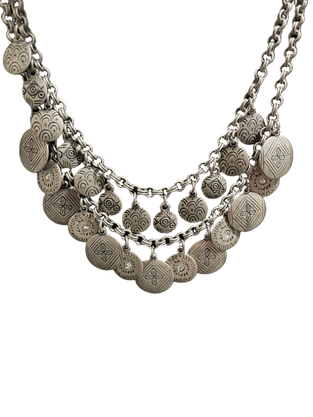 Chico's Multi-Layer Engraved Coin Silver Tone Statement Necklace
